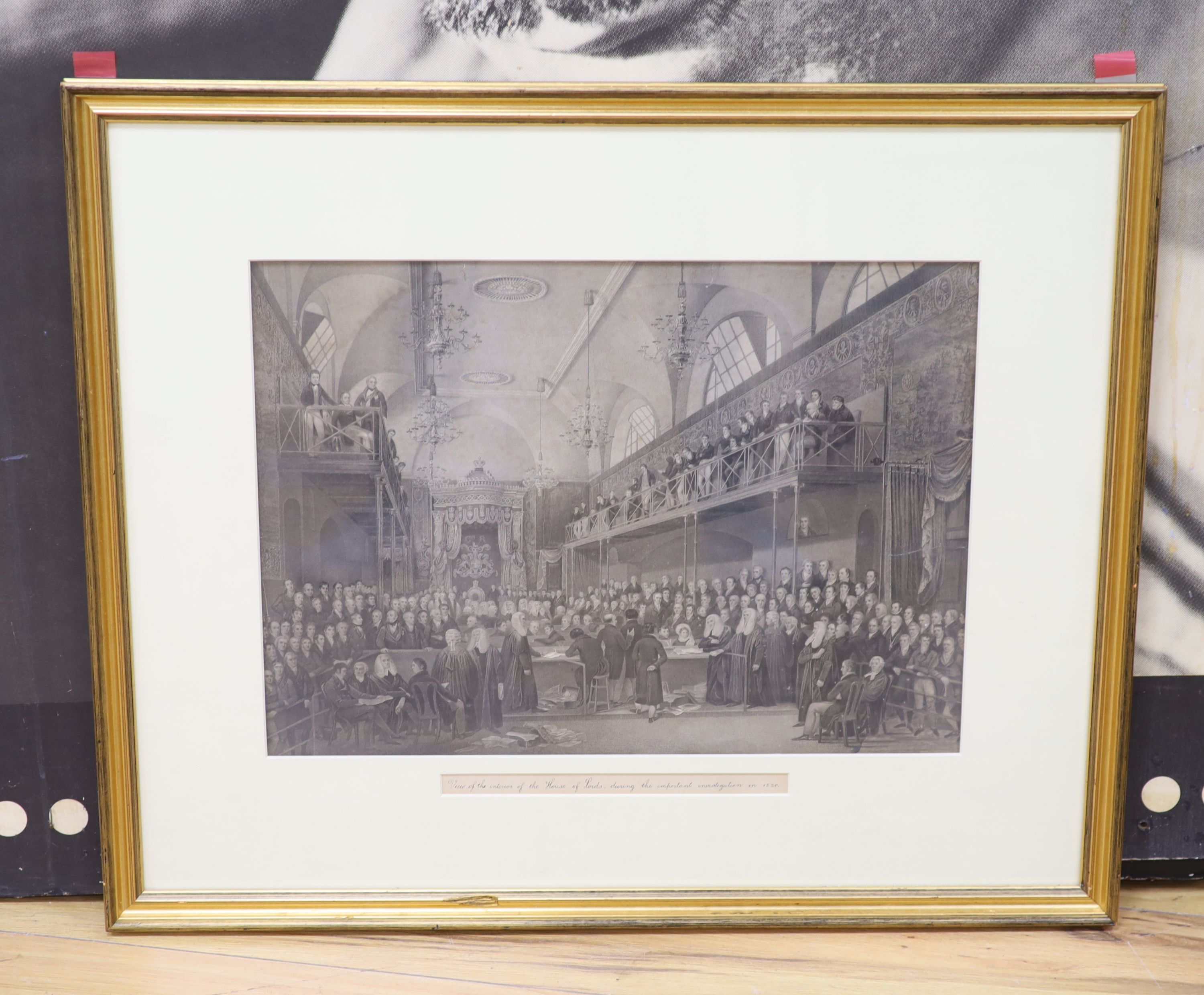 An early 19th century engraving, View of the interior of the House of Lords 1820, 33 x 46cm